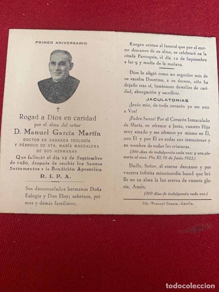 Otros art&iacute;culos de coleccionismo en papel: Recuerdo del primer aniversario de la muerte de don Manuel Garc&iacute;a Mart&iacute;n.