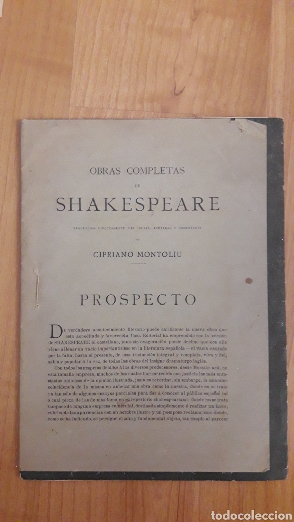 Otros art&iacute;culos de coleccionismo en papel: CAT&Aacute;LOGO PROMOCIONAL OBRAS COMPLETAS DE SHAKESPEARE. CIPRIANO MONTOLIU. PROSPECTO. QUIZ&Aacute;S DE 1908