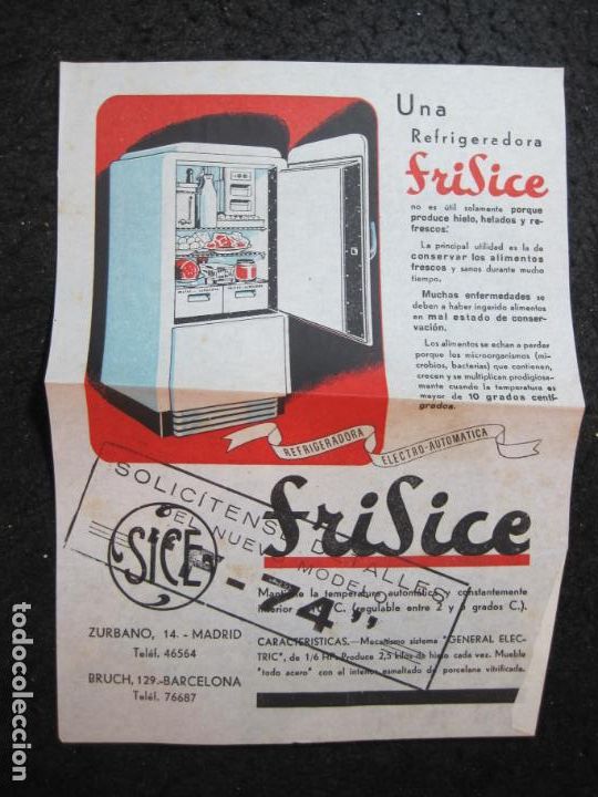 Otros art&iacute;culos de coleccionismo en papel: NEVERA REFRIGERADORA FRISICE-PUBLICIDAD ANTIGUA-VER FOTOS-(K-6970)