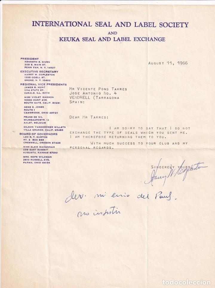 Collectionnisme Papier divers: Rechazo de intercambio filat&eacute;lico 1966 - International seal and label society and Keuka seal and L..