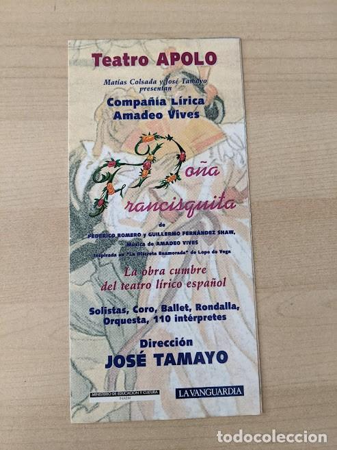 Paper Collecting Others: FOLLETO TEATRO APOLO &laquo;COMPA&Ntilde;&Iacute;A L&Iacute;RICA AMADEO VIVES&raquo; DO&Ntilde;A FRANCISQUITA