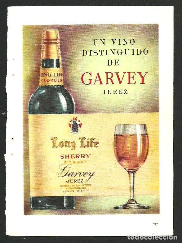 Otros Art&iacute;culos de Coleccionismo en Papel: Recorte Publicitario -Vino Sherry Long Life Bodegas Garvey Jerez Publicidad revista prensa peri&oacute;dico