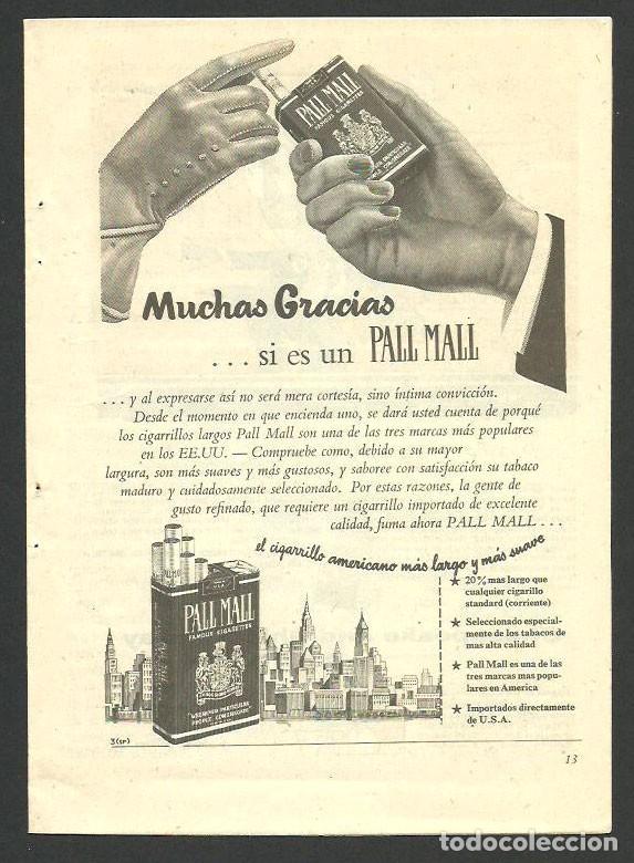 Otros Art&iacute;culos de Coleccionismo en Papel: Recorte Publicitario - Tabaco cigarrillos Pall Mall - Publicidad revista prensa peri&oacute;dico antiguo