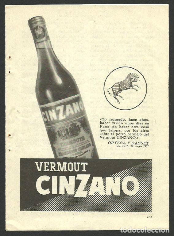 Otros Art&iacute;culos de Coleccionismo en Papel: Recorte Publicitario - Vermout Cinzano - Publicidad revista prensa peri&oacute;dico antiguo
