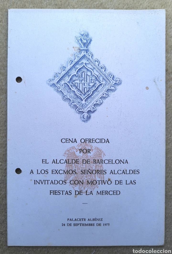 Otros art&iacute;culos de coleccionismo en papel: Tarjeta Menu Almuerzo Alcalde de Barcelona a Alcaldes Fiestas de la Merced - Palacete Albe&ntilde;iz 1975