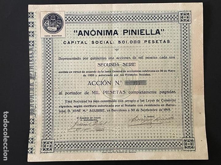 Otros Art&iacute;culos de Coleccionismo en Papel: DOCUMENTO ANONIMA PINIELLA - ACCION (A&Ntilde;O 1919)
