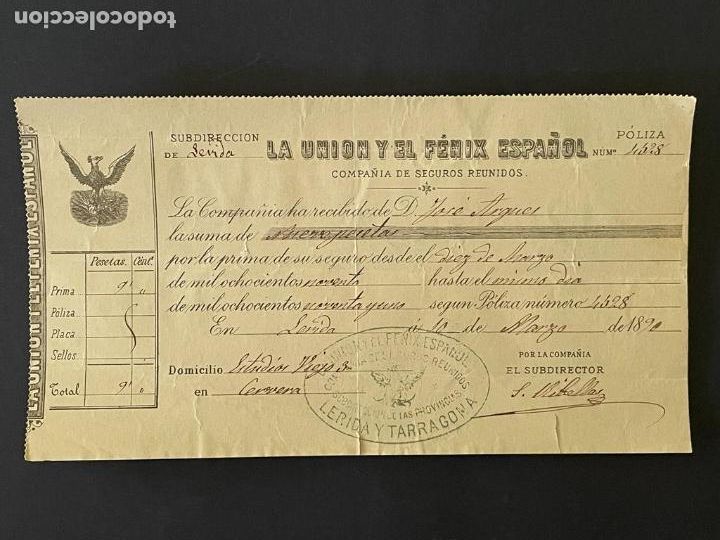 Otros Art&iacute;culos de Coleccionismo en Papel: DOCUMENTO LA UNION Y EL FENIX ESPA&Ntilde;OLA