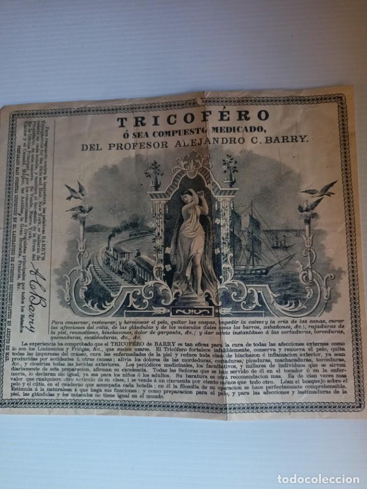 Otros Art&iacute;culos de Coleccionismo en Papel: Hoja publicidad comercial medica &rdquo;TRICOFERO&rdquo; o sea compuesto medicado del Prof.A.C.BARRY