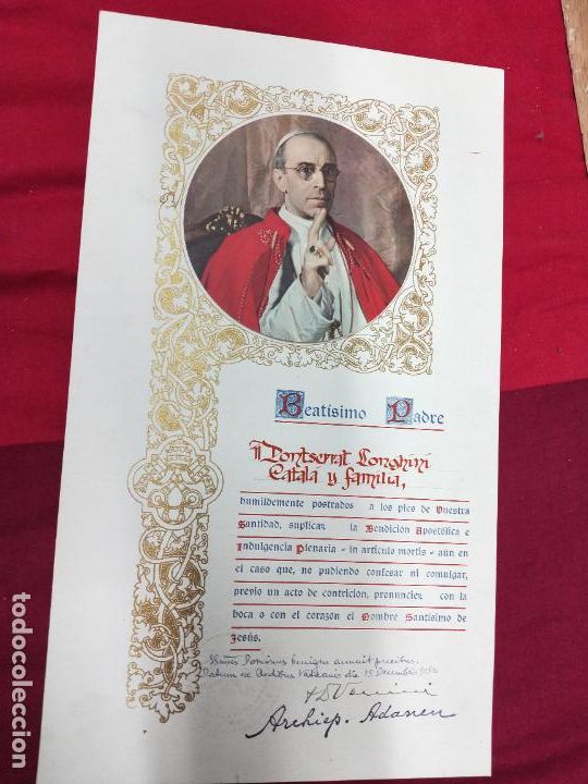 Otros Art&iacute;culos de Coleccionismo en Papel: INDULGENCIA PLENARIA PIO XII FIRMADA POR ARZOVISPO VENINI 15 DE DICIEMBRE DE 1954.