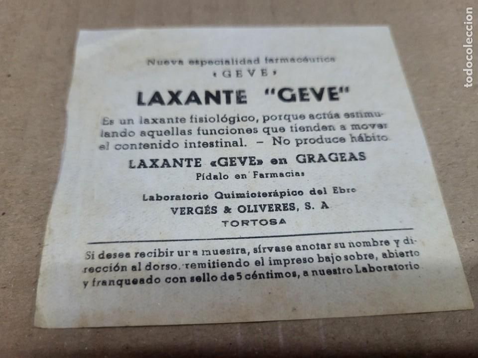 Outros artigos de papel: PUBLICIDAD FARMACIA LAXANTE GEVE GRAGEAS VERGES Y OLIVERES SA TORTOSA BARCELONA