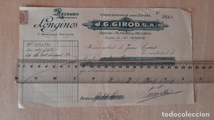 Otros Art&iacute;culos de Coleccionismo en Papel: Recibo por pago de un reloj Longines de plata en Madrid a&ntilde;o 1921