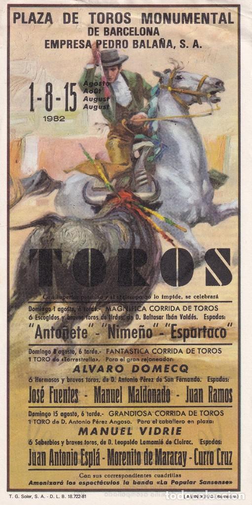 Collectionnisme Papier divers: Plaza de toros Monumental de Barcelona 1982 1-8-15 Agosto / Anto&ntilde;ete - Nime&ntilde;o - Espartaco - Alvar...