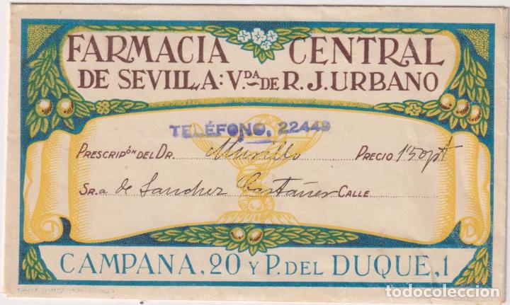 Paper Collecting Others: Sobre (9x15,5) Farmacia Central de Sevilla. Campana. Contiene Receta del M&eacute;dico
