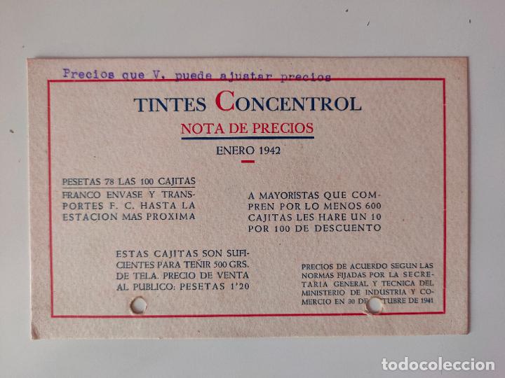Otros Art&iacute;culos de Coleccionismo en Papel: TINTES CONCENTROL NOTA DE PRECIOS ENERO 1942 POSTAL HOJA PUBLICITARIA