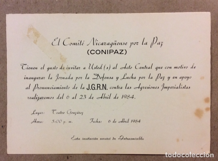 Outros artigos de papel: COMIT&Eacute; NICARAG&Uuml;ENSE POR LA PAZ (CONIPAZ). INVITACI&Oacute;N JORNADAS J.G.R.N. DE 1984