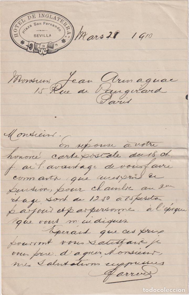 Paper Collecting Others: Hotel Inglaterra, Plaza San Fernando, Sevilla. Carta respuesta a un cliente, 28-3-1910