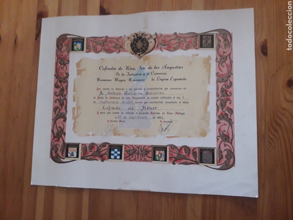 Otros art&iacute;culos de coleccionismo en papel: Diploma Cofradia Ntra Sra de las Angustias Legion Espa&ntilde;ola V&eacute;lez M&aacute;laga 1989 Hermano Mayor 40x32cm