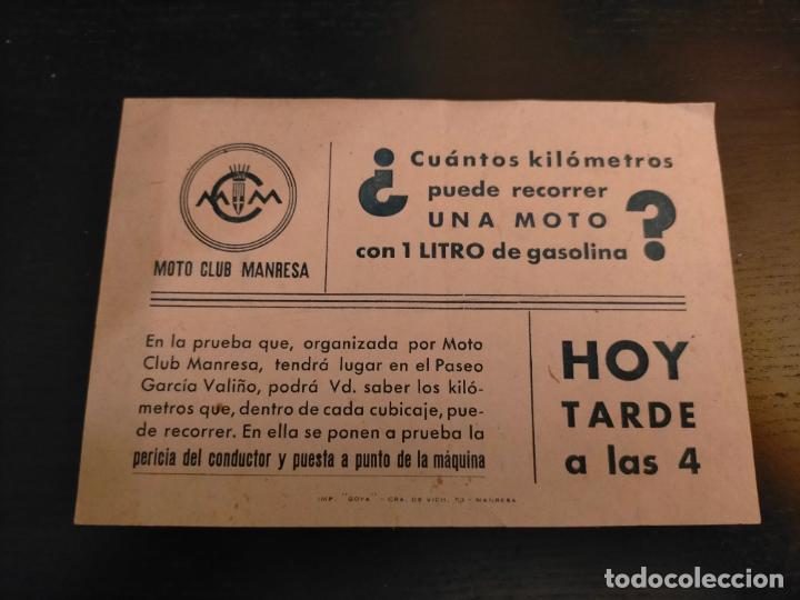 Collectionnisme Papier divers: MOTO CLUB MANRESA CUANTOS KILOMETROS PUEDE RECORRER UNA MOTO CON 1 LITRO DE GASOLINA PRUEBA