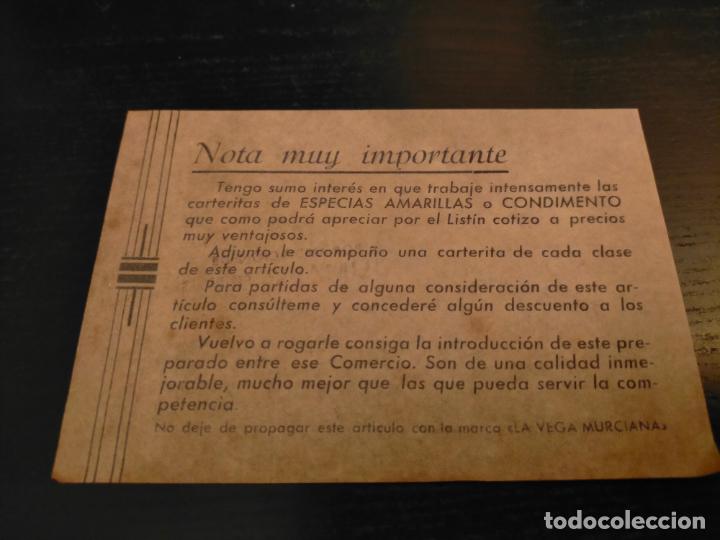 Sammelleidenschaft Andere Papierartikel: NOTA MUY IMPORTANTE CARTERITAS ESPECIAS AMARILLAS CONDIMENTO LISTIN COTIZO PRECIOS LA VEGA MURCIANA