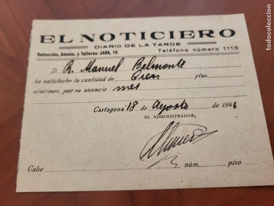 Outros artigos de papel: ANTIGUO RECIBO DIARIO DE LA TARDE EL NOTICIARIO CARTAGENA MURCIA 1944