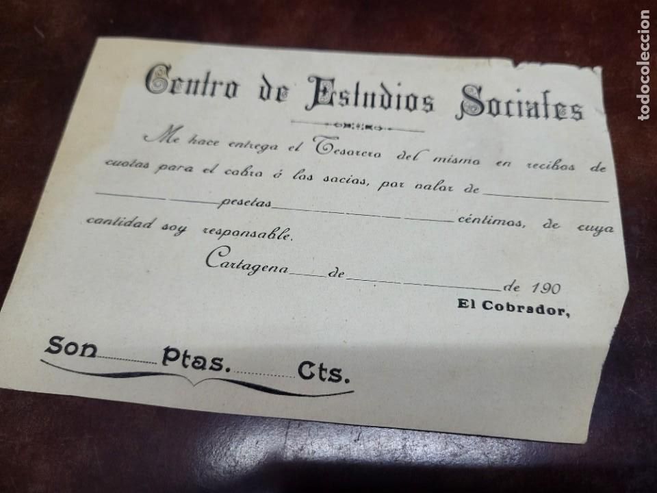 Outros artigos de papel: ANTIGUO RECIBO CENTRO DE ESTUDIOS SOCIALES CARTAGENA MURCIA PRINCIPIOS 1900