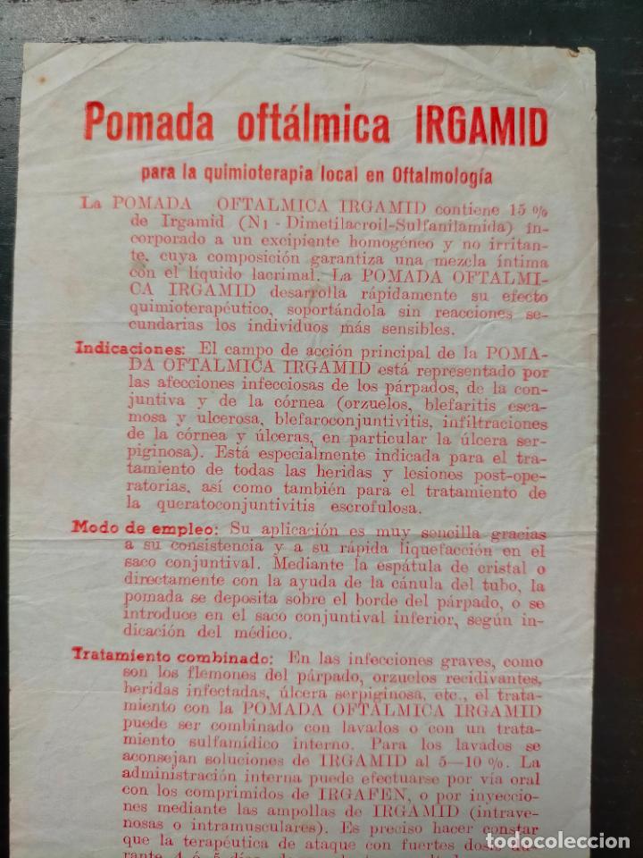 Altri oggetti di carta: POMADA OFT&Aacute;LMICA IRGAMID LABORATORIO PADR&Oacute; GEIGY PROSPECTO FOLLETO PROPAGANDA FARMACIA MEDICAMENTO