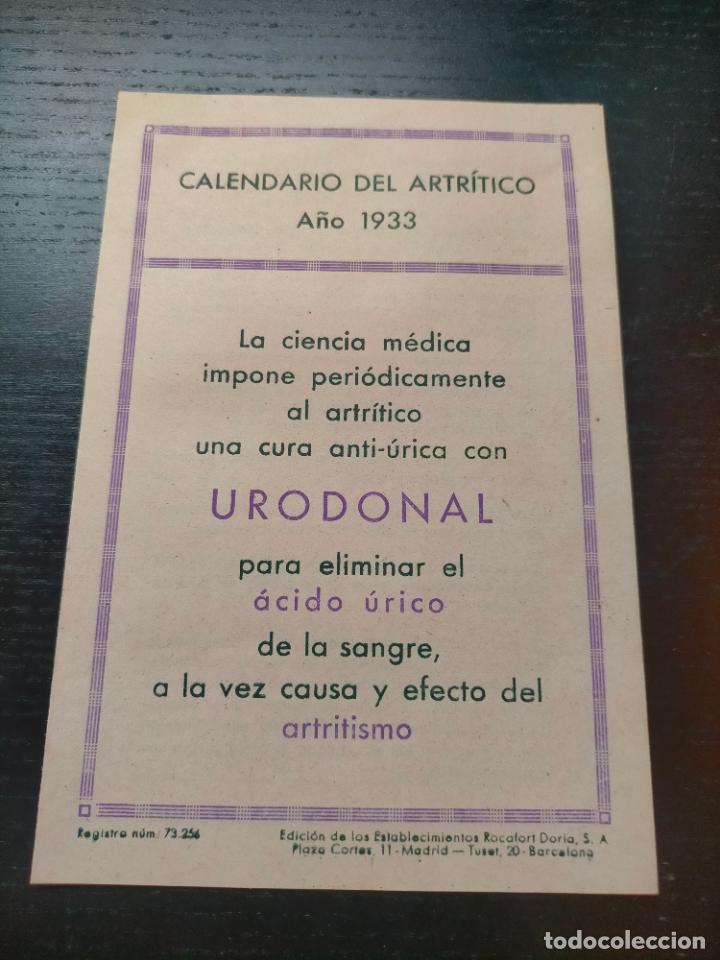 Altri oggetti di carta: URODONAL ACIDO URICO CALENDARIO DEL ARTRITICO 1933 PROSPECTO FOLLETO PROPAGANDA FARMACIA MEDICAMENTO