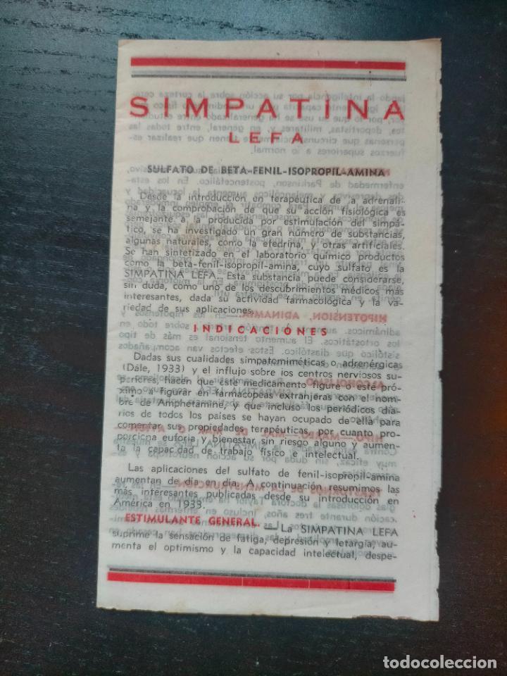 Outros artigos de papel: SIMPATINA ESTIMULANTE LEFA MADRID PROSPECTO FOLLETO PROPAGANDA FARMACIA MEDICAMENTO PUBLICIDAD