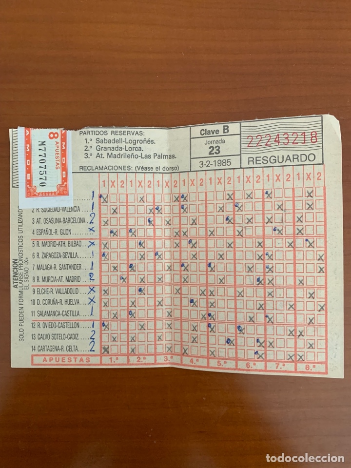 Otros Art&iacute;culos de Coleccionismo en Papel: RESGUARDO QUINIELA FUTBOL JORNADA 23, 1985