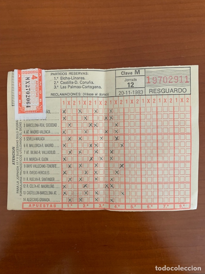 Otros Art&iacute;culos de Coleccionismo en Papel: RESGUARDO QUINIELA FUTBOL JORNADA 12, 1983