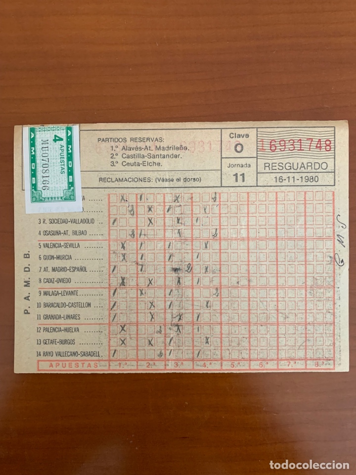 Otros Art&iacute;culos de Coleccionismo en Papel: RESGUARDO QUINIELA FUTBOL JORNADA 11, 1980
