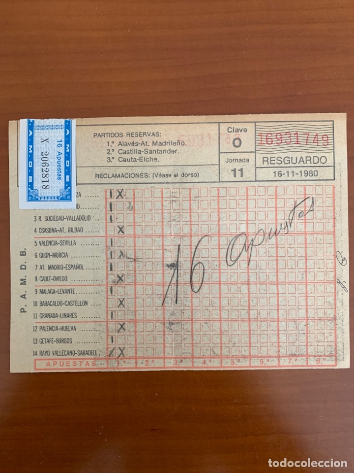 Otros Art&iacute;culos de Coleccionismo en Papel: RESGUARDO QUINIELA FUTBOL JORNADA 11, 1980