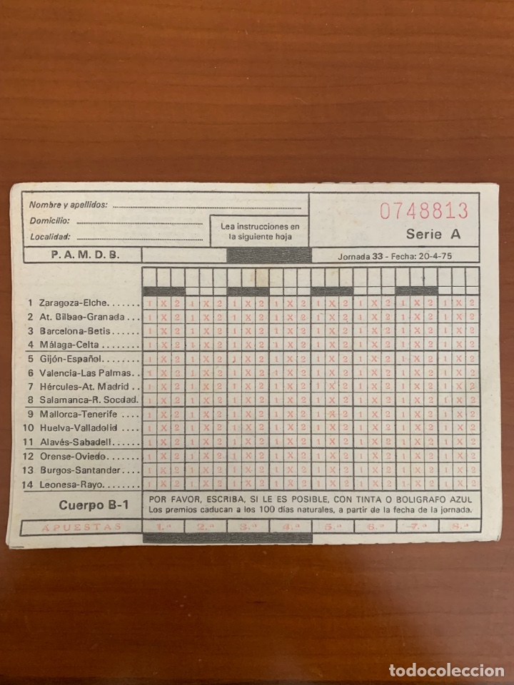 Otros Art&iacute;culos de Coleccionismo en Papel: ANTIGUA QUINIELA FUTBOL JORNADA 33, 1975