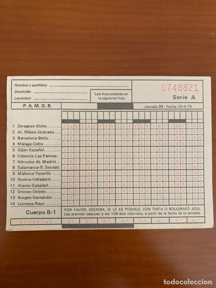 Otros Art&iacute;culos de Coleccionismo en Papel: ANTIGUA QUINIELA FUTBOL JORNADA 33, 1975