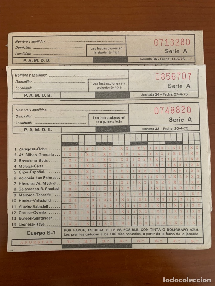 Otros Art&iacute;culos de Coleccionismo en Papel: LOTE DE 3 ANTIGUAS QUINIELAS FUTBOL JORNADA 33, 34, 36, 1975