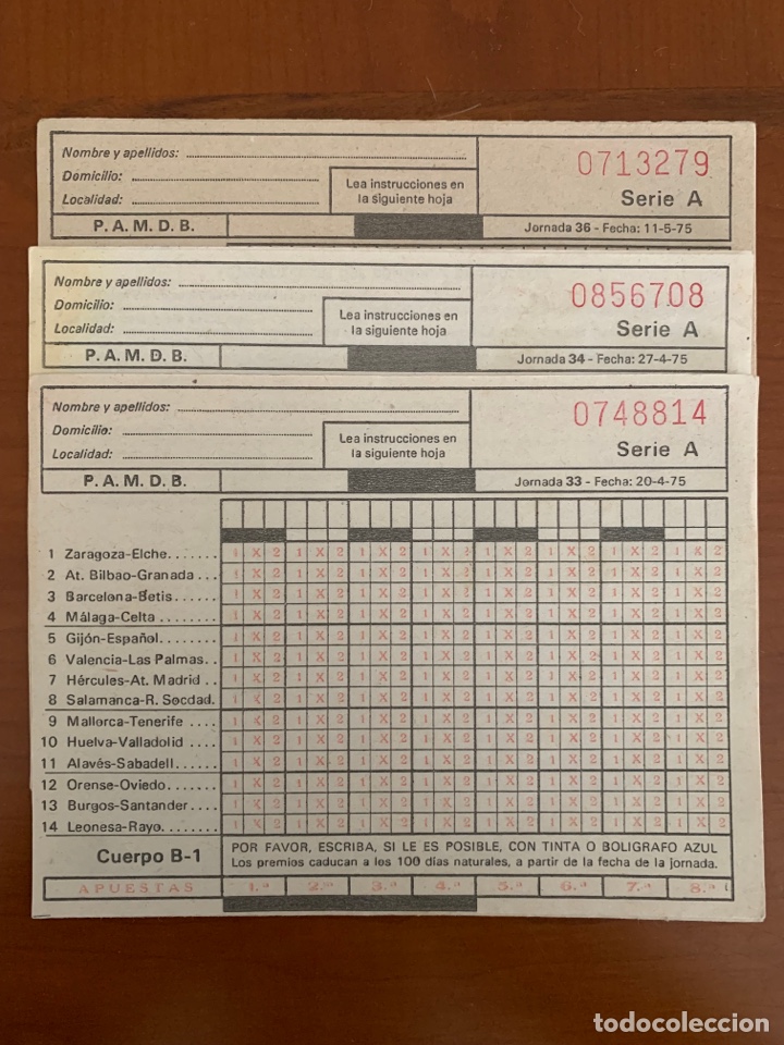 Otros Art&iacute;culos de Coleccionismo en Papel: LOTE DE 3 ANTIGUAS QUINIELAS FUTBOL JORNADA 33, 34, 36, 1975