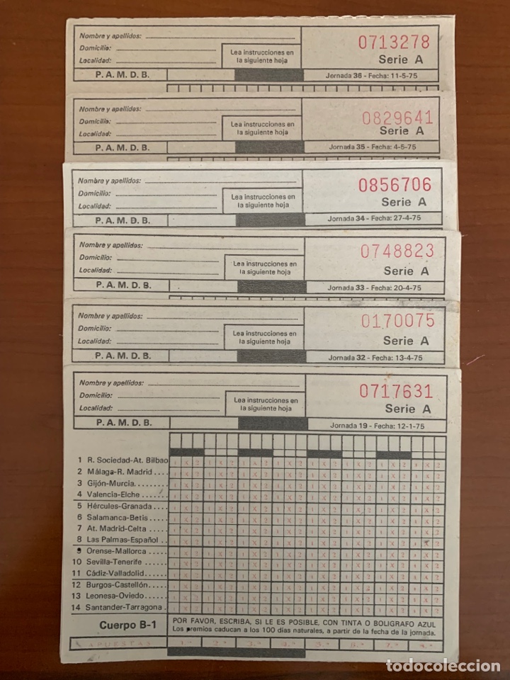 Otros Art&iacute;culos de Coleccionismo en Papel: LOTE DE 6 ANTIGUAS QUINIELAS FUTBOL JORNADA 19, 32, 33, 34, 35, 36, 1975
