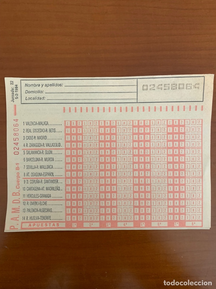 Otros Art&iacute;culos de Coleccionismo en Papel: ANTIGUA QUINIELA FUTBOL JORNADA 22, 1984