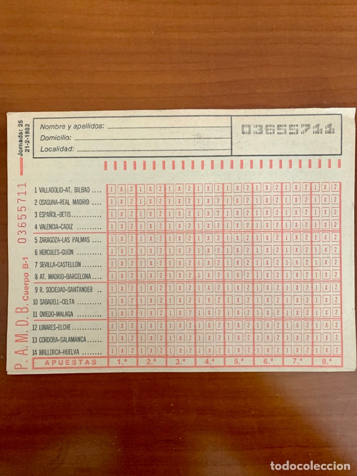 Otros Art&iacute;culos de Coleccionismo en Papel: ANTIGUA QUINIELA FUTBOL JORNADA 25, 1982