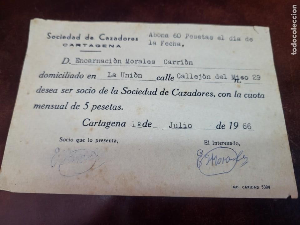 Paper Collecting Others: RECIBO SOCIEDAD DE CAZADORES CARTAGENA MURCIA 1966