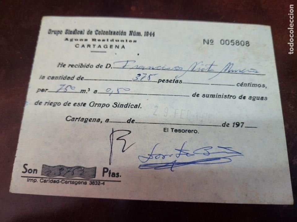Paper Collecting Others: ANTIGUO RECIBO GRUPO SINDICAL COLONIZACION AGUAS RESIDUALES CARTAGENA MURCIA A&Ntilde;OS 70