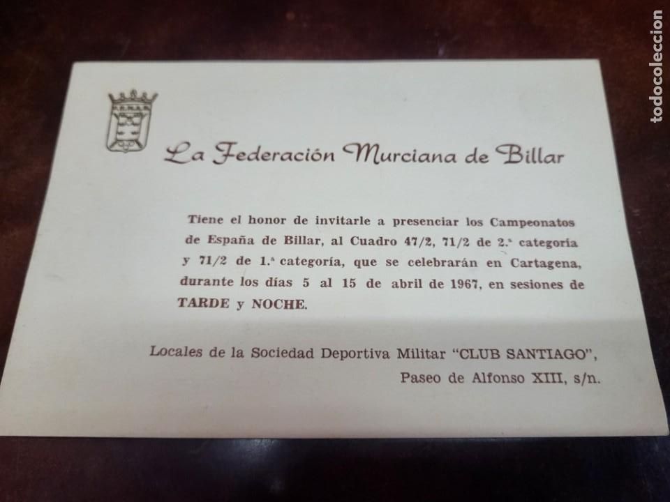 Paper Collecting Others: INVITACION FEDERACION MURCIANA DE BILLAR CARTAGENA MURCIA 1967