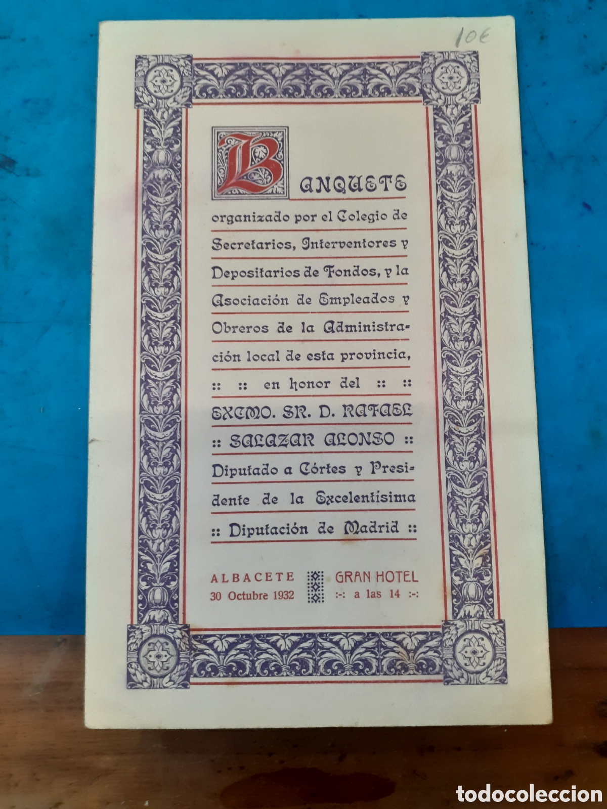 Otros art&iacute;culos de coleccionismo en papel: Men&uacute; antiguo. Albacete 1932. Original