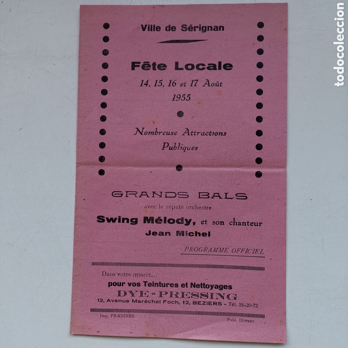 Outros artigos de papel: Folleto D&iacute;ptico de las fiestas de Serignan, France Francia 1955