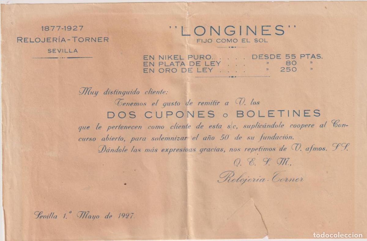 Paper Collecting Others: Carta, sobre, 2 cupones y base para el concurso de Longines de 1927