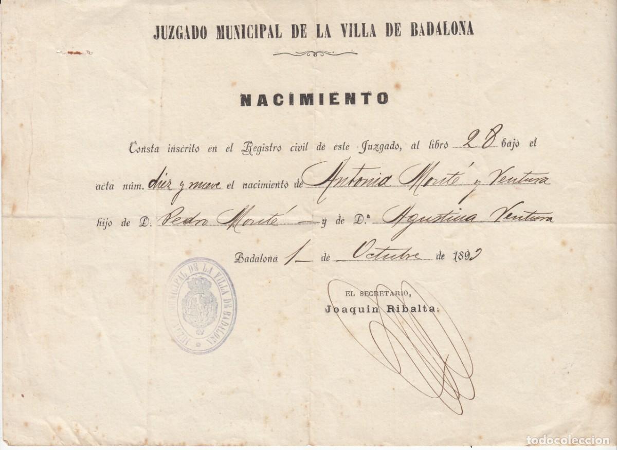 Otros Art&iacute;culos de Coleccionismo en Papel: certificado nacimiento juzgado municipal de badalona - 1892