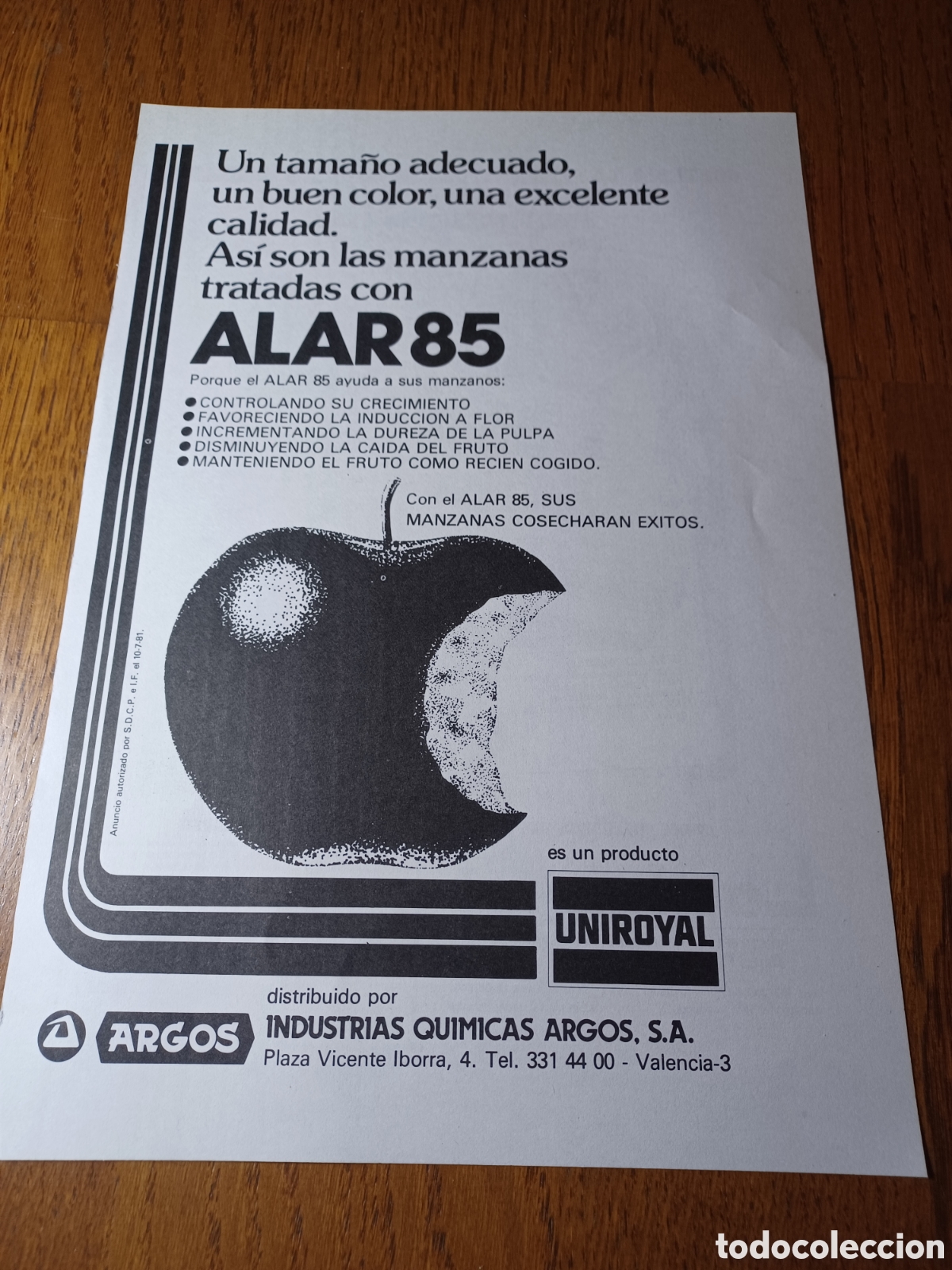 Sammelleidenschaft Andere Papierartikel: ALAR 75 .AYUDA A LOS MANZANOS . INDUSTRIAS QUIMICAS ARGOS PUBLICIDAD A&Ntilde;O 1982 MIDE 29 X 20 CM