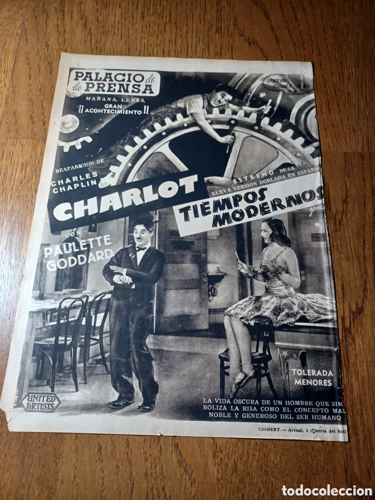 Outros artigos de papel: TIEMPOS MODERNOS CHARLOT .PALACIO DE LA PRENSA ESTRENO DE VERSION DOBLADA EN ESPA&Ntilde;OL 1946.30 x 22 CM