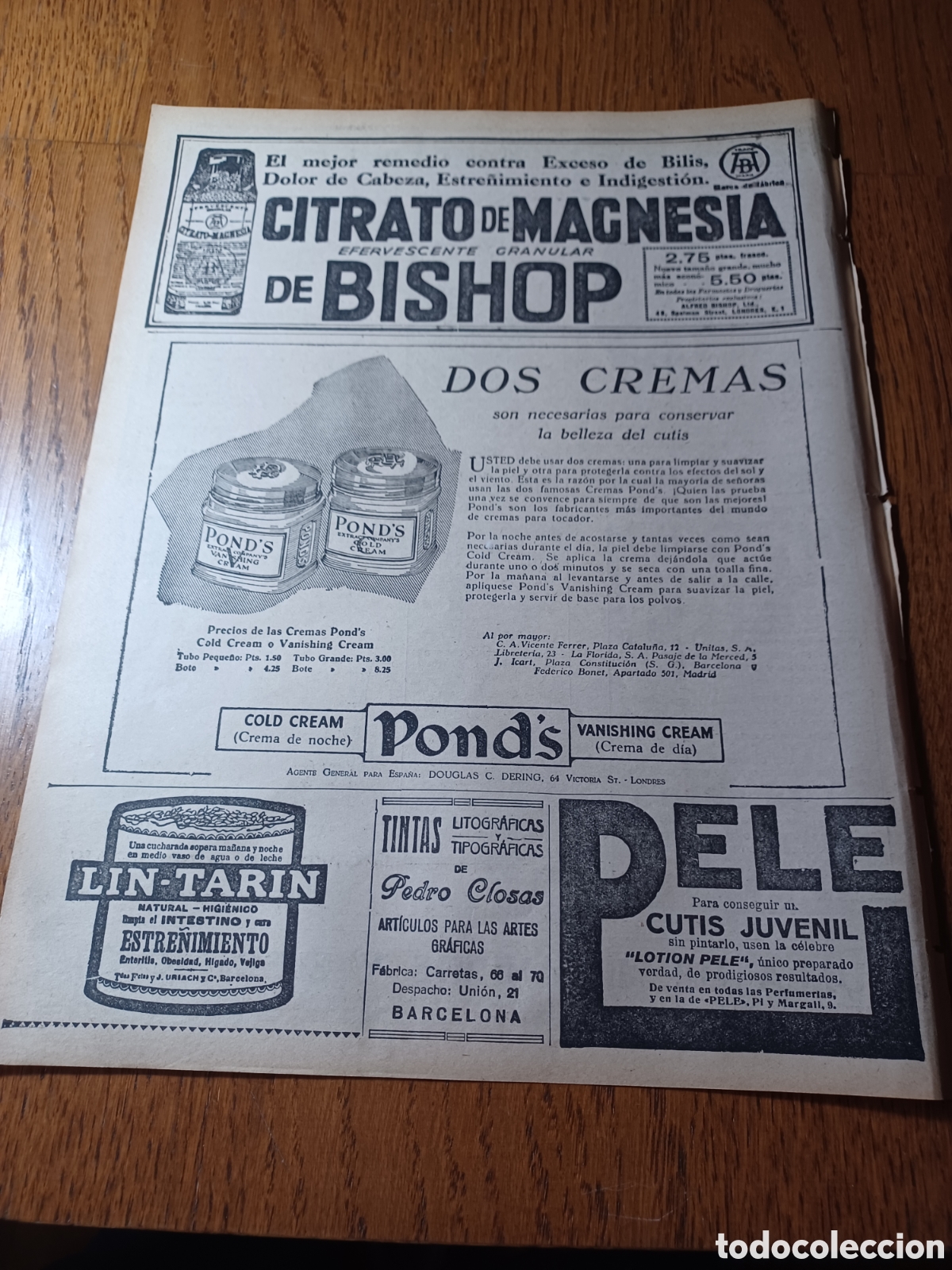 Outros artigos de papel: PUBLICIDAD CITRATO DE MAGNESIA DE BUSHOP CREMA PONDS LIN- TARIN TINTAS PEDRO CLOSAS A&Ntilde;O 1929 29 X 22