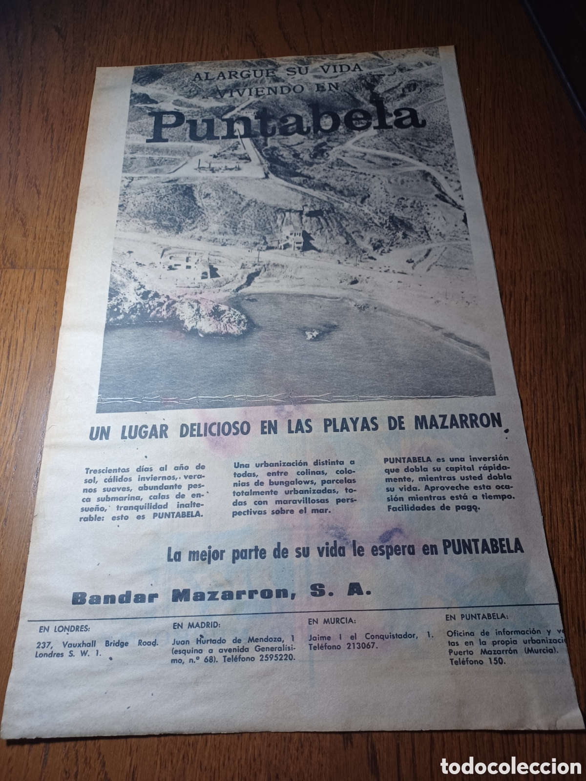 Outros artigos de papel: PUBLICIDAD DE PUNTABELA . LUGAR DELICIOSO EN LAS PLAYAS DE MAZARRON.A&Ntilde;O 1966 . MIDE 43 X 26 CM